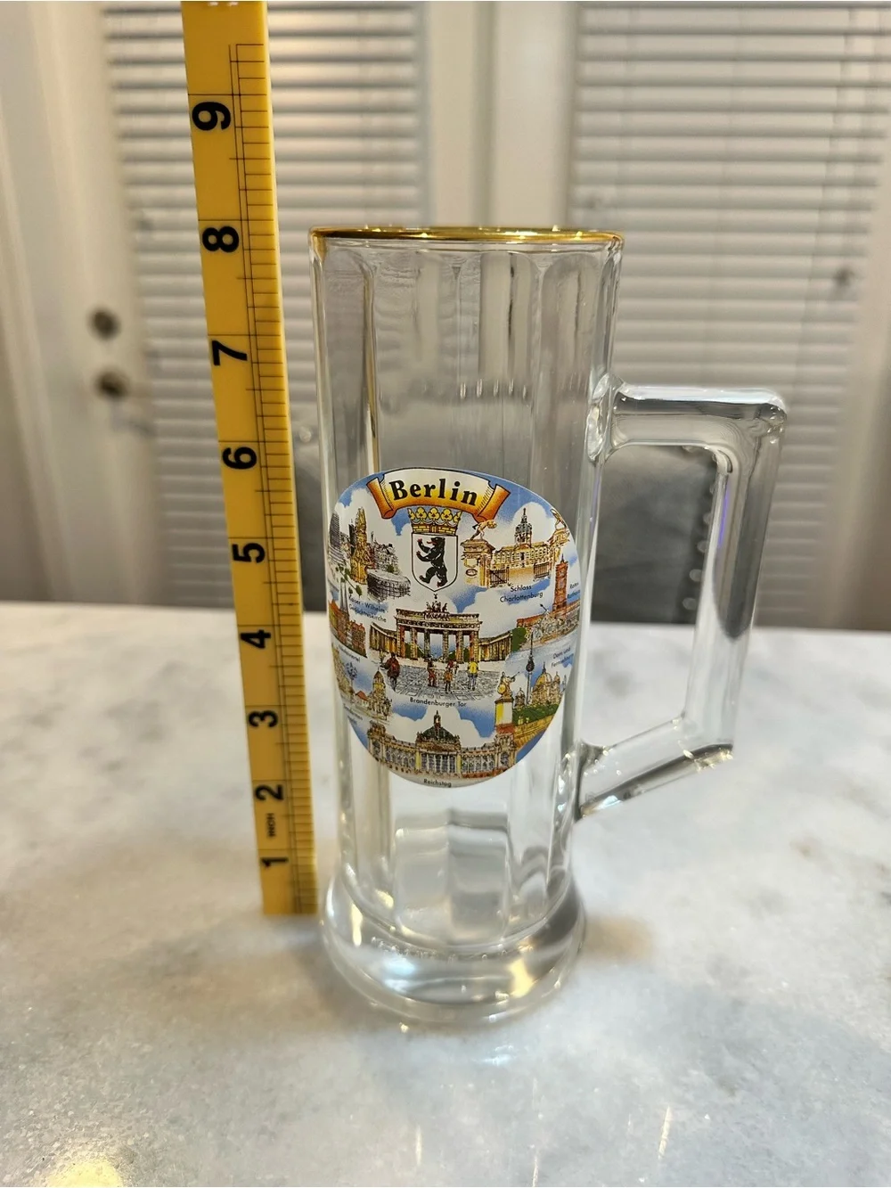 Vintage Berlin Landmarks Beer Mug Stein with Metallic Gold Rim, 16oz